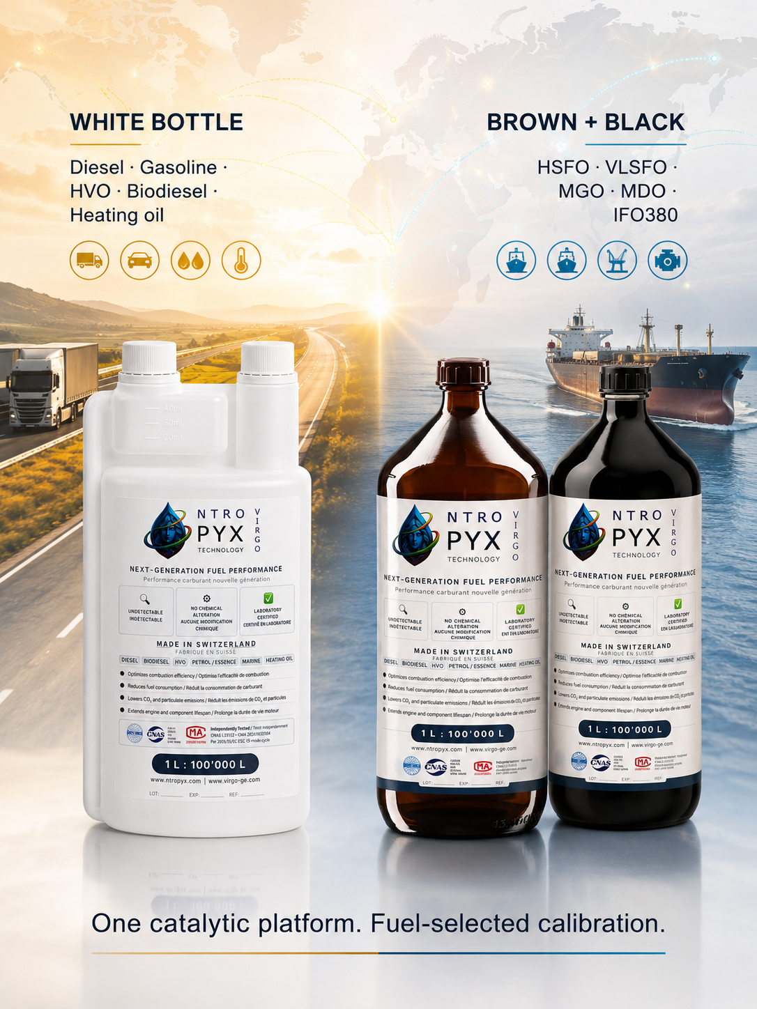 NTROPYX fuel-selected calibration for white, brown and black catalyst bottles