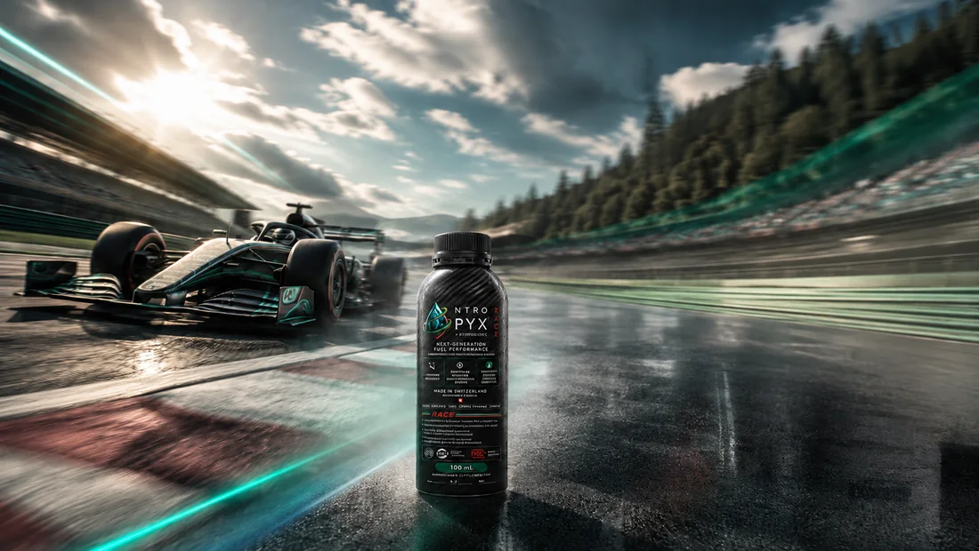 NTROPYX RACE bottle on a premium circuit with performance driving context