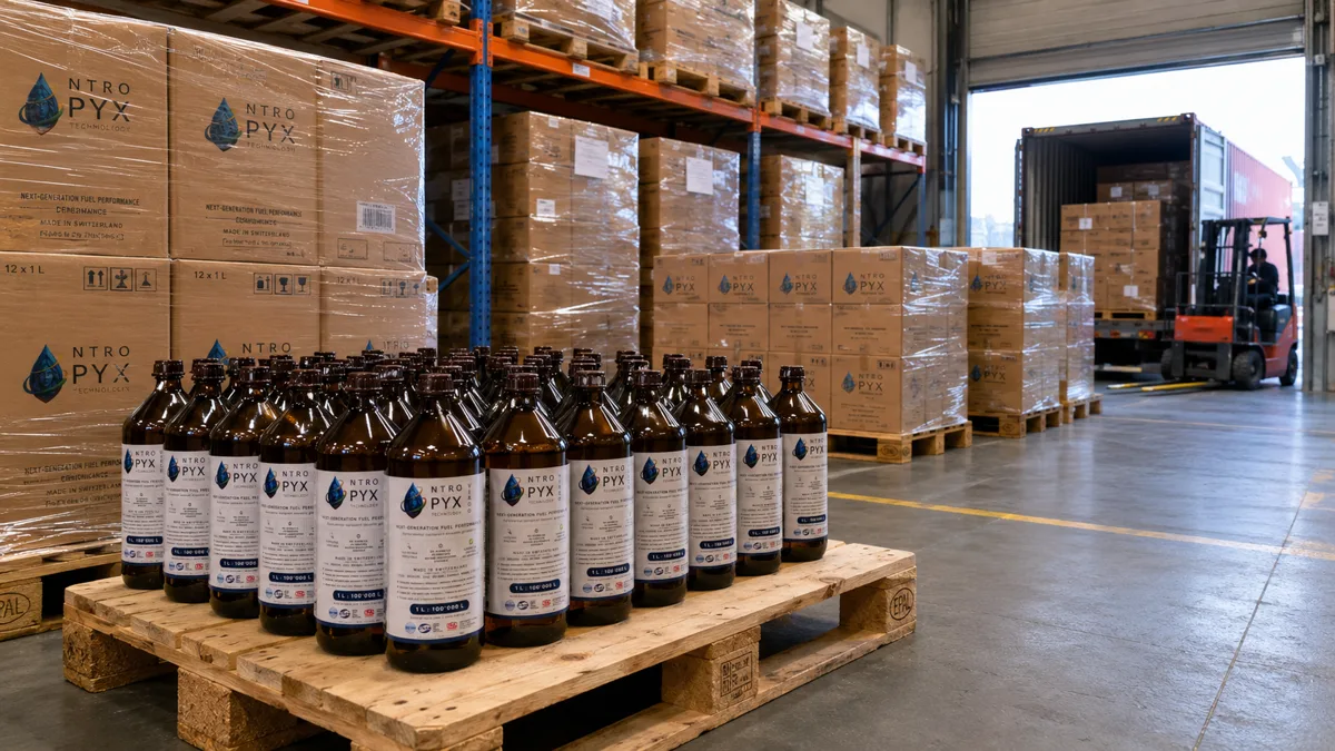 Flacons NTROPYX et inventaire conditionné dans un entrepôt de distribution