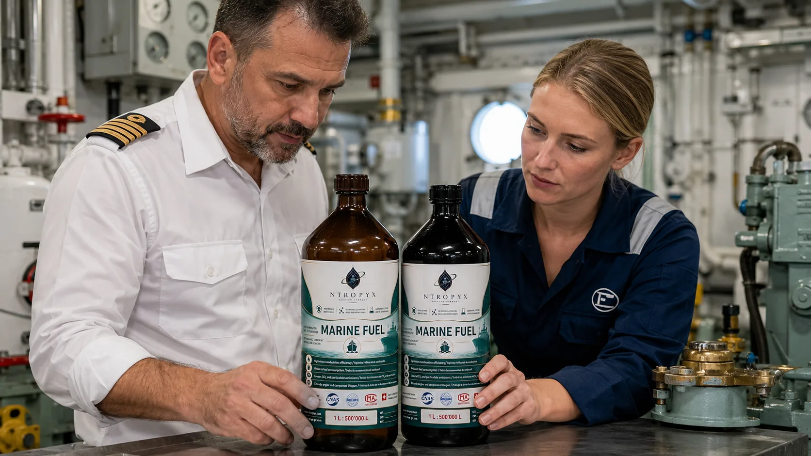 Zwei Schiffsoffiziere prüfen NTROPYX Marine Fuel Flaschen im Maschinenraum
