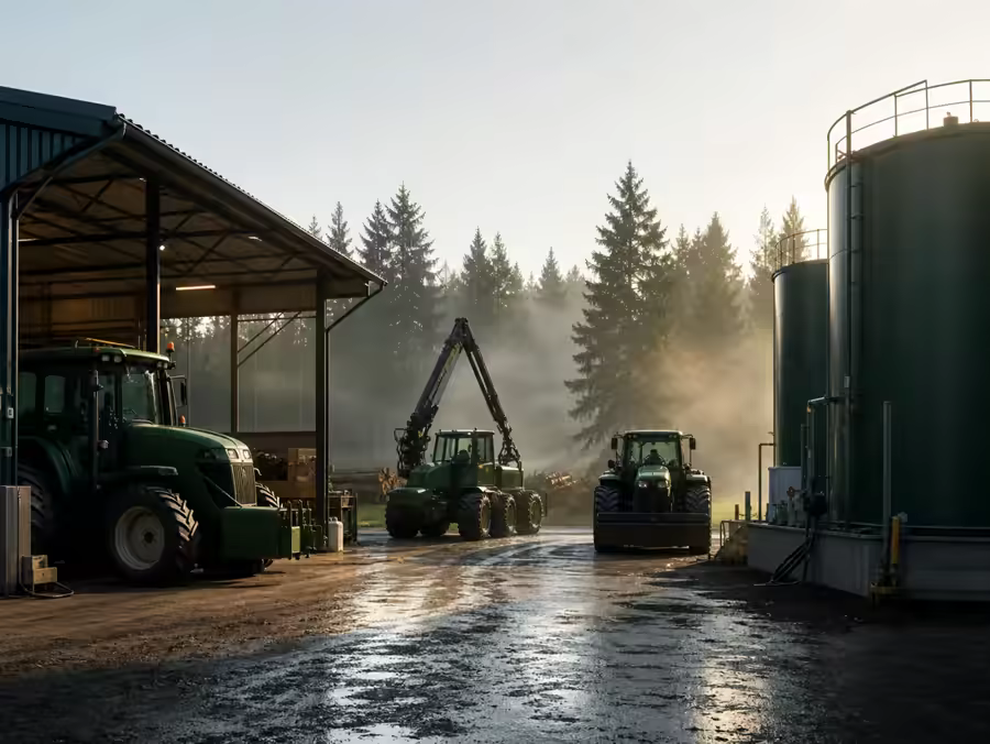 Agriculture and forestry machinery in a clean fuel depot at dawn